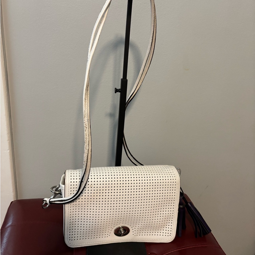 Coach White Turn lock Perforated Crossbody Bag